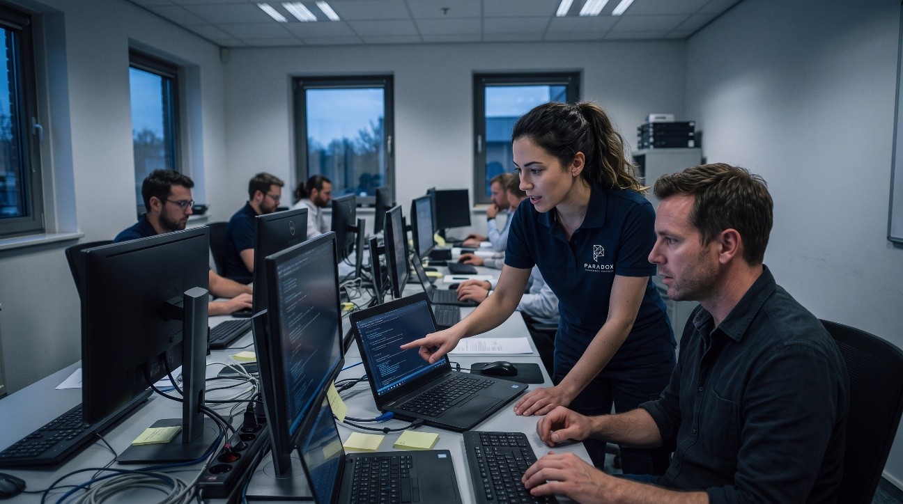 Free IT and security assessment Paradox technicians reviewing an IT and security assessment