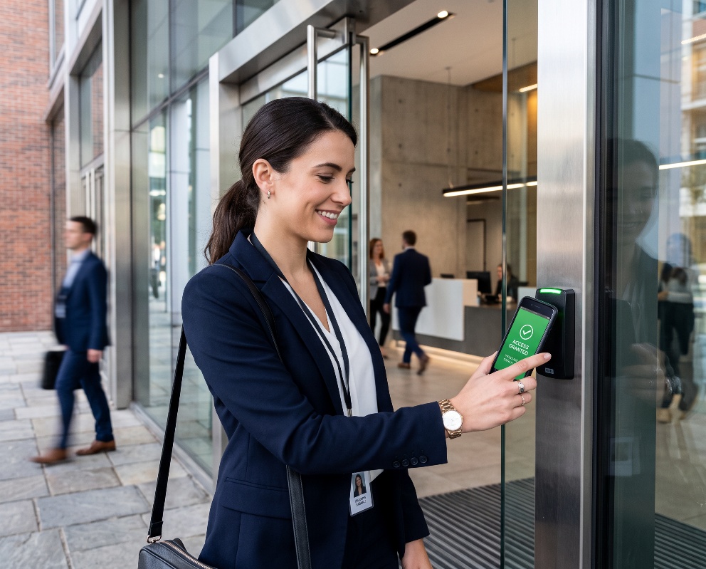 Employee unlocking an office door with her phone